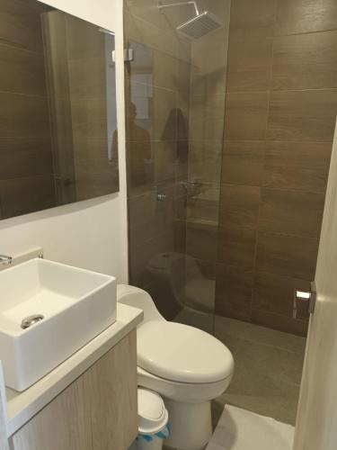 a bathroom with a toilet and a sink and a shower at La posada de Mayté in Santa Marta