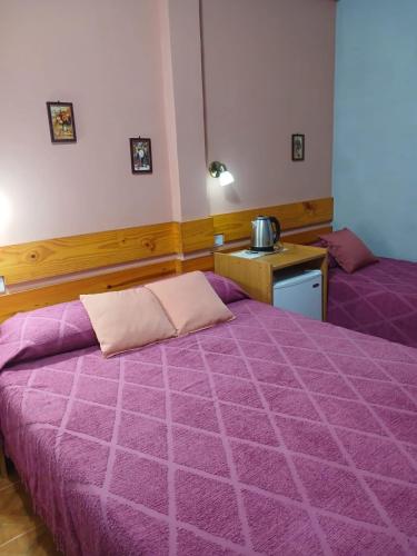 two beds in a room with purple sheets at Hotel Brisas in San Clemente del Tuyú
