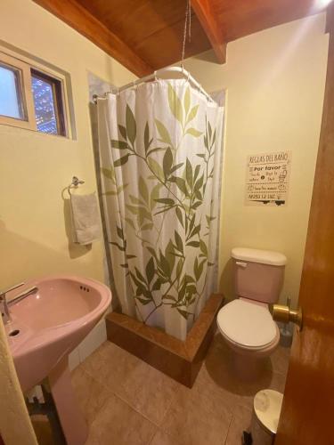 a bathroom with a toilet and a shower curtain at Refugio Don Natu in San Pedro de Atacama