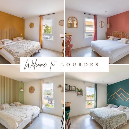 un collage de quatre photos d'une chambre dans l'établissement Les Cocons de Lourdes, à Lourdes