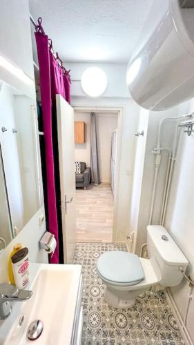 une petite salle de bain avec toilettes et lavabo dans l'établissement Cocon montagnard accès direct aux Pistes et GR10, à Arette