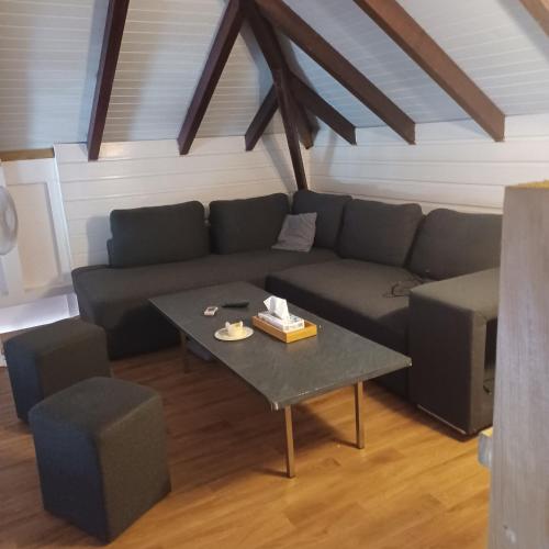 a living room with a couch and a table at villa timokei in Fond Saint-Jacques