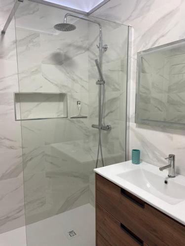 a bathroom with a shower with a sink and a mirror at Apartamento Vista Mar in Praia da Vieira