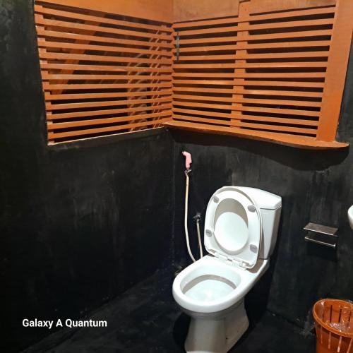 a white toilet in a bathroom with a window at Green leaf Tree house in Dambulla