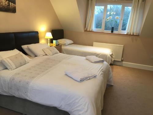 a bedroom with two beds and a window at Ballas Farm Country Guest House in Bridgend