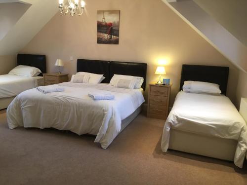 a bedroom with two beds with white sheets and a chandelier at Ballas Farm Country Guest House in Bridgend