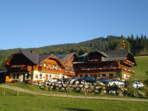 a large building with cars parked in front of it at Pension-Greimelbacherhof in Ramsau am Dachstein