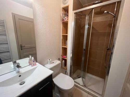 une salle de bain avec une douche, des toilettes et un lavabo dans l'établissement Châtel : Appart 6 pers, Parking, Accès WIFI - FR-1-198-267, à Châtel