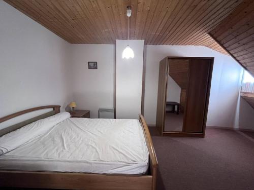 une chambre avec un lit et un grand miroir dans l'établissement Chalet familial à Cauterets avec chambres spacieuses - FR-1-812-58, à Cauterets