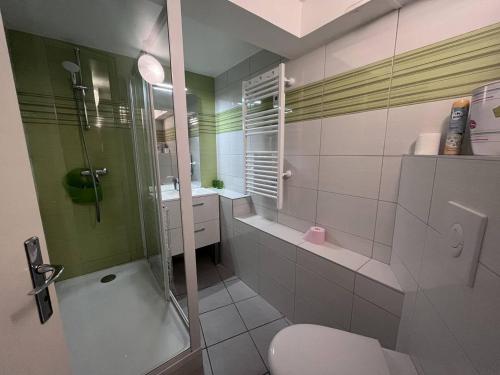 une salle de bain avec une douche, des toilettes et un lavabo dans l'établissement Charmant duplex avec deux coins nuit au cœur de Cauterets - FR-1-812-14, à Cauterets