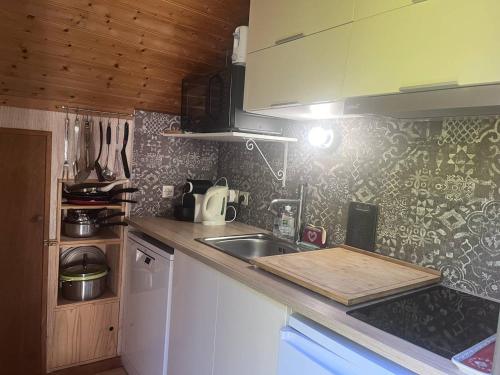 une cuisine avec un évier et un plan de travail dans l'établissement Chalet confortable à Cauterets avec parking et balcon - FR-1-812-10, à Cauterets