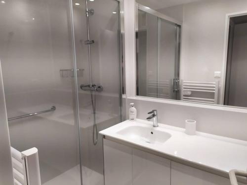 une salle de bain avec une douche, un lavabo et un miroir dans l'établissement Confort moderne à Cauterets : T2 avec cuisine équipée et alcôve. Capacité 4 pers. - FR-1-812-57, à Cauterets