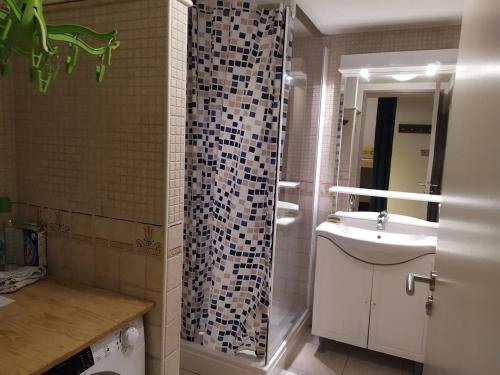 une salle de bain avec un lavabo et une douche avec un miroir dans l'établissement T2 avec ascenseur, parking privé et cabine lits superposés - FR-1-812-25, à Cauterets