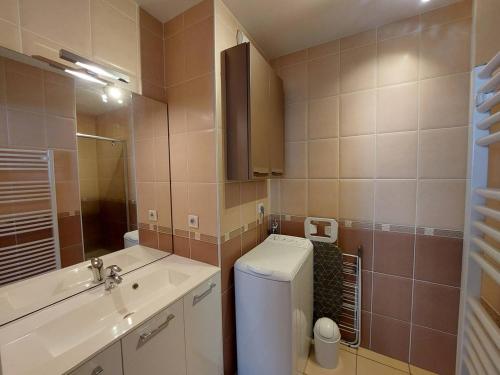 une salle de bain avec un lavabo, des toilettes et un miroir dans l'établissement Charmant studio à Cauterets avec balcon et couchages pour 4 personnes - FR-1-812-62, à Cauterets