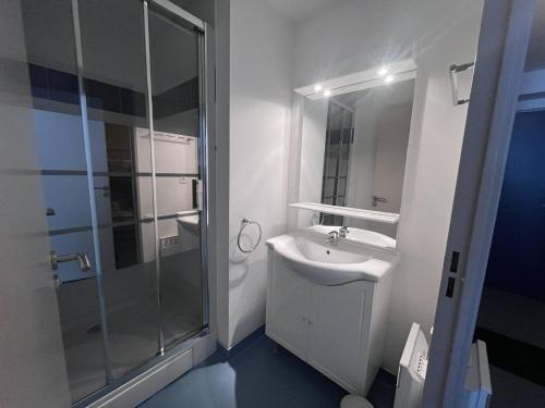 une salle de bain blanche avec un lavabo et une douche dans l'établissement Appartement cosy avec chambre et alcove, proche des commodités - FR-1-812-80, à Cauterets