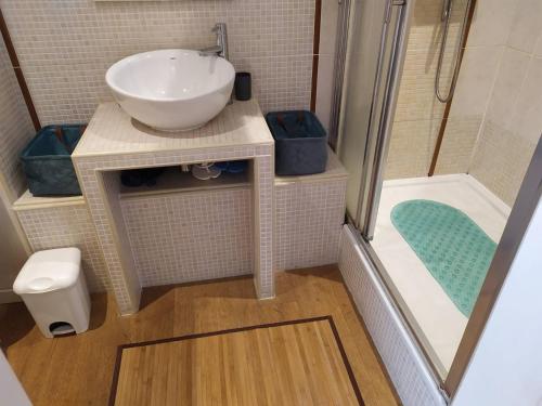 une petite salle de bain avec un lavabo et une douche dans l'établissement Charmant T2 à Cauterets, proximité nature - FR-1-812-99, à Cauterets