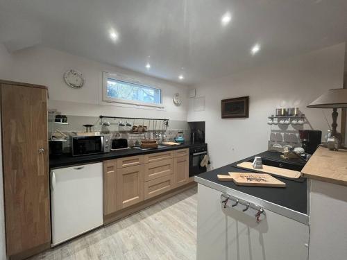 une grande cuisine avec un comptoir et un comptoir dans l'établissement Chambres spacieuses à Cauterets, jardin privé, animaux acceptés - FR-1-812-108, à Cauterets