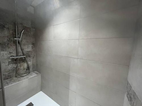 une salle de bain blanche avec douche et toilettes dans l'établissement Chambres spacieuses à Cauterets, jardin privé, animaux acceptés - FR-1-812-108, à Cauterets