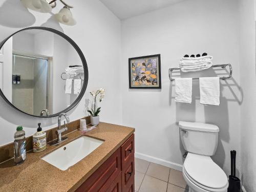 ein Badezimmer mit Waschbecken, Spiegel und Toilette in der Unterkunft Downtown San Jose Priv Entry Priv Bath SJSU and AC in San Jose