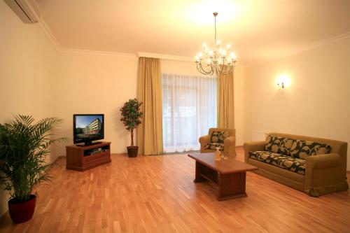 a living room with a couch and a tv at Slunecni Lazne Apartments in Karlovy Vary