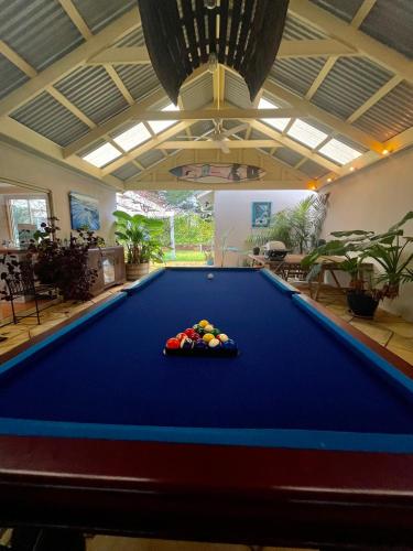 a pool table in a living room with a pool table at Love at Sellicks Chills in Sellicks Hill