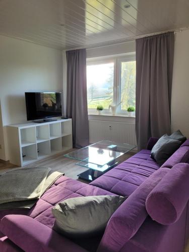 Una sala de estar con un sofá morado y un televisor. en Ferienwohnung mit Balkon, en Holle