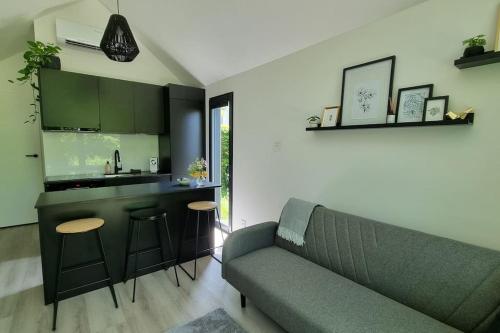 a living room with a couch and a kitchen at Kleinhauszeit Tiny House in Wohlen
