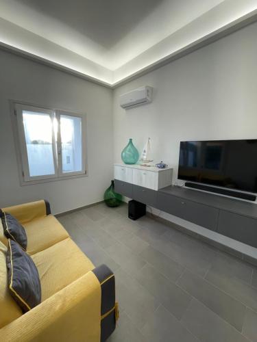 a living room with a couch and a flat screen tv at Villa Nido dei Passeri in Calasetta