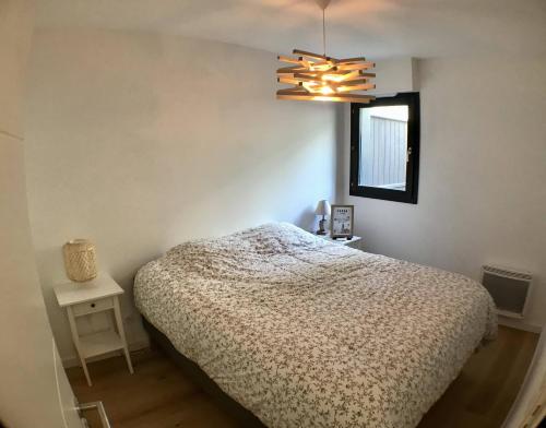 a bedroom with a bed and a chandelier at Auron- Magnifique 3p neuf in Saint-Étienne-de-Tinée