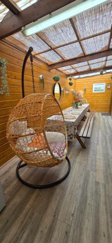 a swinging chair in a room with a table at lilie97418 in La Plaine des Cafres