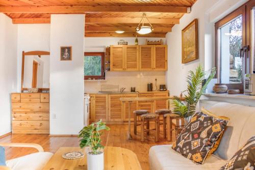 a living room with a couch and a kitchen at Rustykalny domek pod Ślężą in Sulistrowiczki