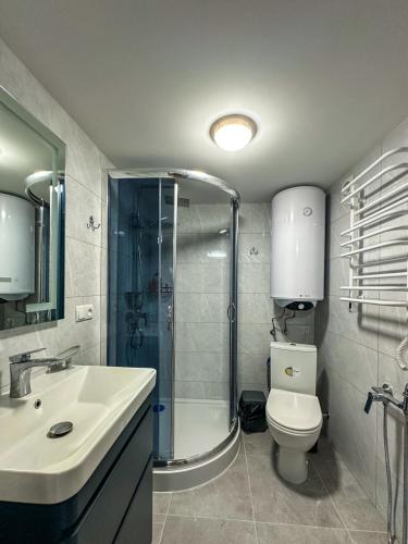 a bathroom with a shower and a toilet and a sink at Vipche house in Verkhovyna