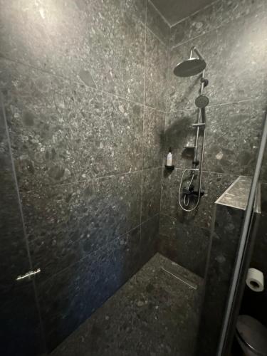 a bathroom with a shower with a glass door at Aristi boutique stonehouse with attic in Aristi