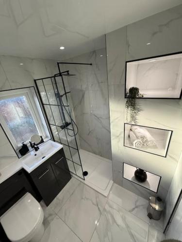 a bathroom with a shower and a toilet and a sink at Beach house in Newcastle upon Tyne
