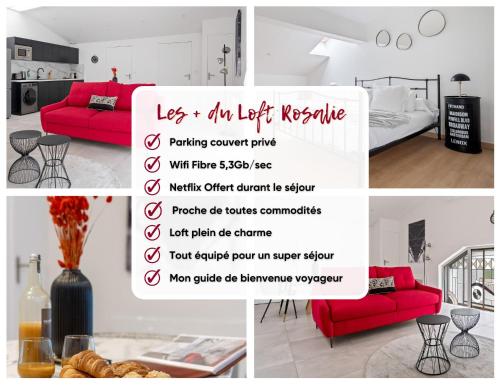 een collage van foto's van een woonkamer met een rode bank bij Loft ROSALIE - Le Méridien #Parking #Lave-linge #Clim #Netflix in Charbonnières-les-Bains