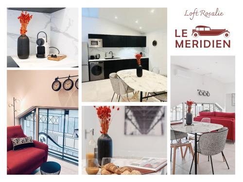 een collage van foto's van een keuken en een woonkamer bij Loft ROSALIE - Le Méridien #Parking #Lave-linge #Clim #Netflix in Charbonnières-les-Bains