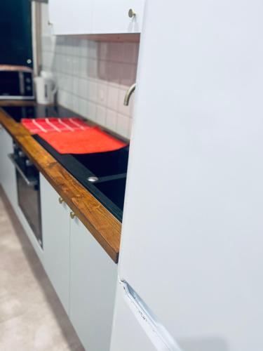 - une cuisine avec un comptoir et une cuisinière four supérieur dans l'établissement Ombre et lumière, à Épinay-sur-Seine