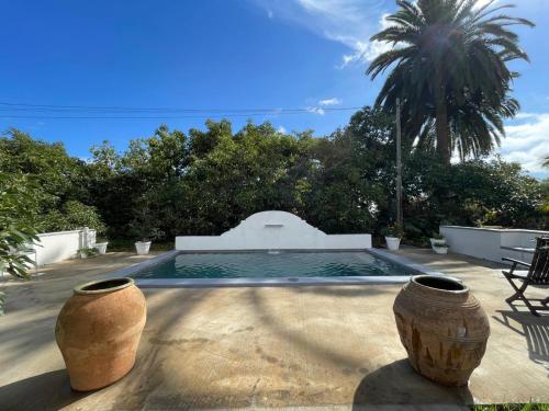 a swimming pool with two large vases on a patio at Casas La Principal in San Pedro