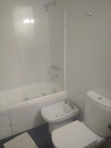 a white bathroom with a toilet and a shower at EL GAVION a 150 m de playa in Mar Azul