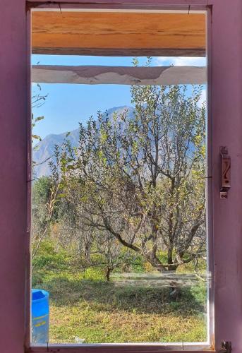 a window with a view of a tree in a field at Mudhouse Cottage in Apple Orchard - Sainj Valley in Sainj