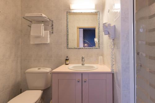 Un baño con inodoro, lavabo y espejo. en Auberge de la Loire, en Montjean-sur-Loire
