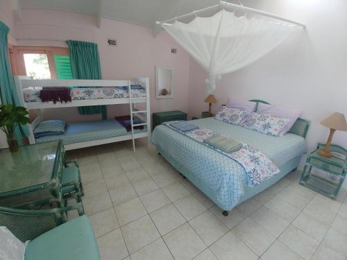 a bedroom with a bed and a bunk bed at The Green Gate in Zinkwazi Beach
