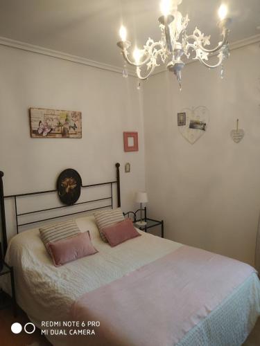 ein Schlafzimmer mit einem Bett mit zwei Kissen und einem Kronleuchter in der Unterkunft VILLA Mamuki - habitación doble in Prezanes