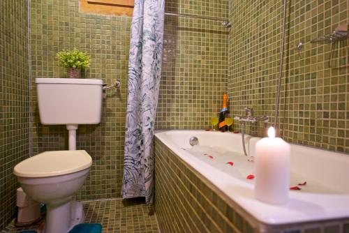 a bathroom with a toilet and a bath tub with a candle at L'observatoire des Alpes, les Crosets in Val-d'Illiez