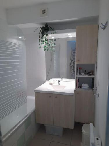 une salle de bain blanche avec un lavabo et un miroir dans l'établissement T2 tout équipé avec piscine sur côte océane, à Ondres