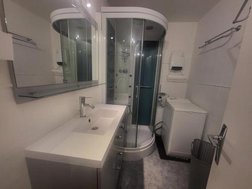 une salle de bain avec un lavabo, des toilettes et un miroir dans l'établissement Appartement 2 pièces avec parking, balcon, proche des pistes - Montgenèvre - FR-1-266-205, à Montgenèvre