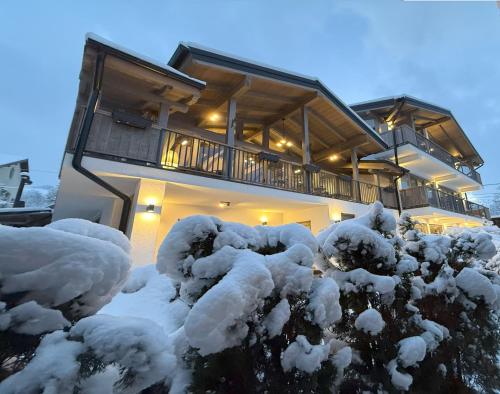 a snow covered bush in front of a house at REY Chalet in Vatra Dornei