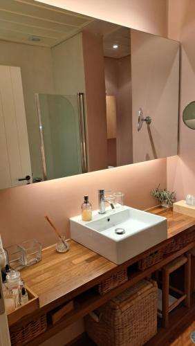 a bathroom with a sink and a large mirror at Winter Breeze in Arachova