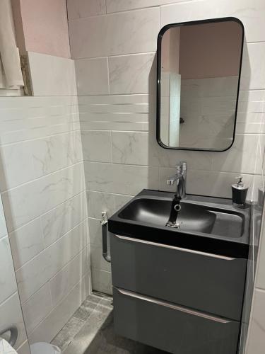 a bathroom with a sink and a mirror at Trois-Épis, vue magnifique in Ammerschwihr