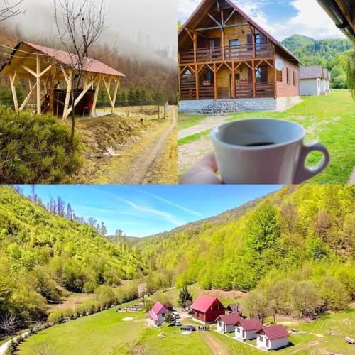 two pictures of a house and a cup of coffee at Cabana Mădălin in Gurani